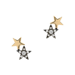 mini two tone double star post earrings in gold with diamonds