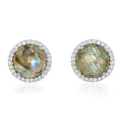 7.0mm natural labradorite with diamond halo post earrings