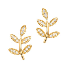 dainty gold and diamond leaf willow earrings