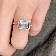 east-west emerald cut bicolor tourmaline ring