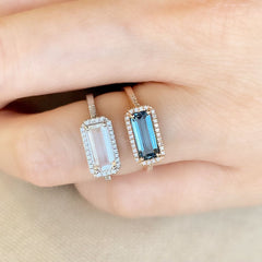 east-west emerald cut colored stone rings