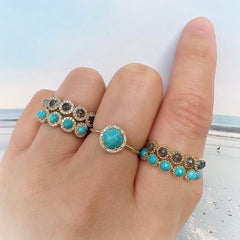 rosie rings in bright summery turquoises and diamonds