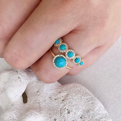 rosie rings in bright summery turquoises and diamonds