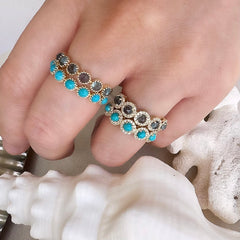 rosie rings in bright summery turquoises and diamonds