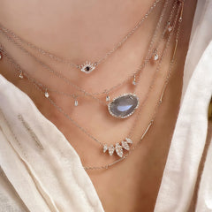 a layered necklace look with motifs, textures, colors and movement