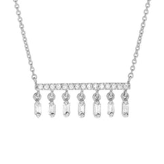 14k god and micropave diamond bar necklace with a fringe of baguette cut diamonds