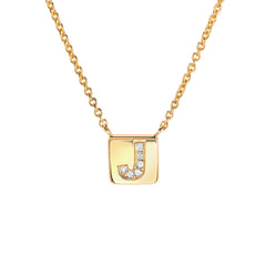 14k gold square mini plaque with diamond initial