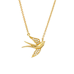 swallow swift love bird necklace in 14k gold with diamonds