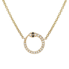 serpent ouroboros necklace in 14k gold with white and black diamonds