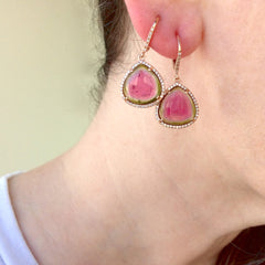 One of a Kind Watermelon Tourmaline Leverback Earrings With Diamonds