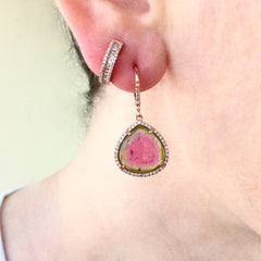 One of a Kind Watermelon Tourmaline Leverback Earrings With Diamonds