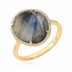 organic shape rose cut labradorite ring in yellow gold