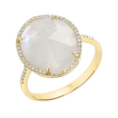 Organic shaped rainbow moonstone ring in diamond halo