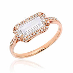 east west emerald cut white topaz ring in rose gold