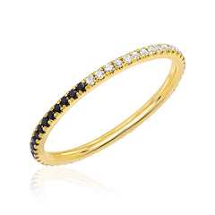 yin yang eternity band with half black diamonds and half white diamonds in yellow gold