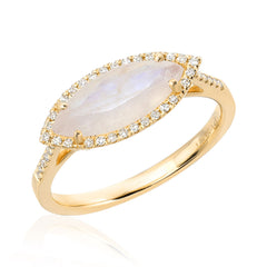 east-west marquise or "evil eye" rainbow moonstone in gold with diamonds