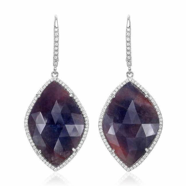 one of a kind sapphire drop earrings with diamonds in white gold